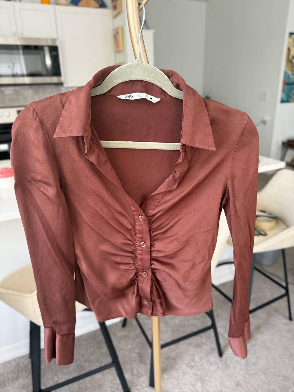 Zara Satin-Look Rust Button-Front Ruched Shirt